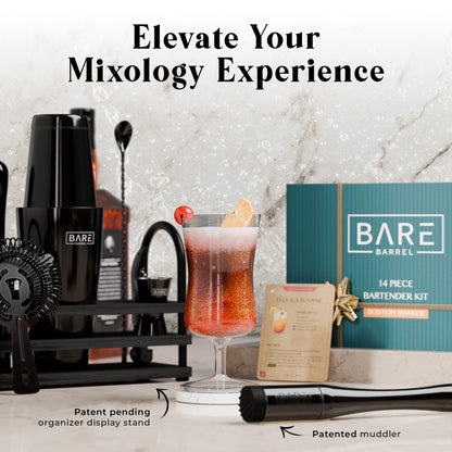 BARE BARREL® Mixology Bartender Kit Bar Set | 14-Piece Cocktail Shaker Set | Martini Barware Mixing Tools for Home Bartending | 35 Recipe Cards | Gift Set (28oz Boston Shaker, Jet Black/Black)