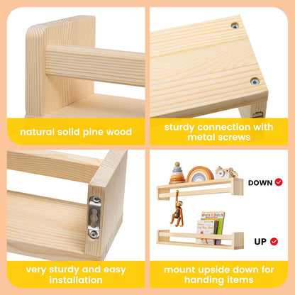24Inch Set 2 Fun Memories Nursery Book Shelves, Floating Shelf for Wall, Wall Bookshelf for Kids Solid Wood Wall
