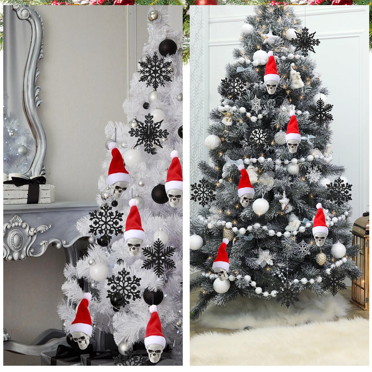 Hestya 36 Pcs Gothic Christmas Tree Ornament Mini 3D Christmas Skull with Santa Hat Hanging Ornaments Black Snowflakes Xmas Tree Hanging Decoration for Xmas Holiday Party Supplies, 1.77 x 5.1 Inch