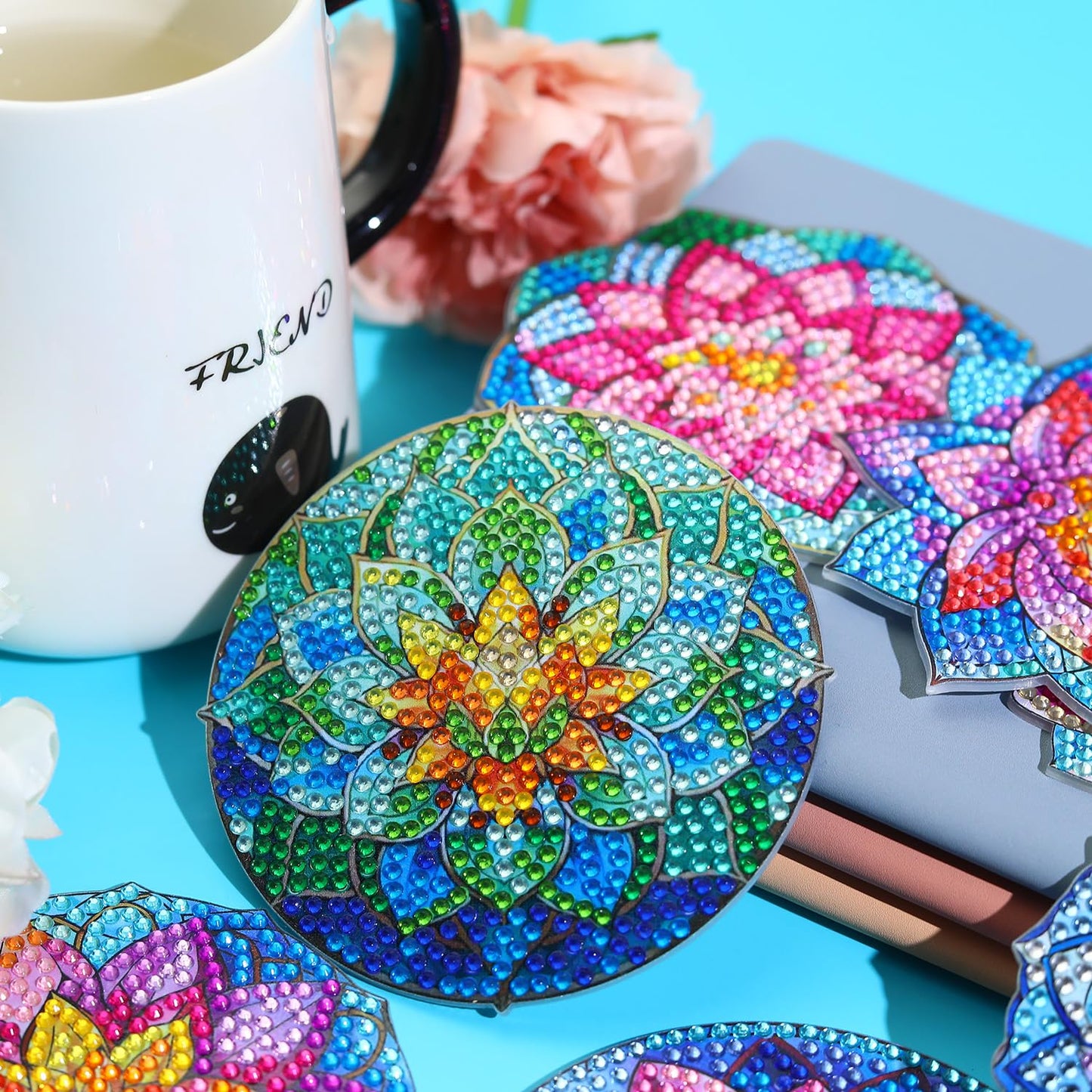8 PCS Lotus Diamond Art Coasters Kits, Diamond Painting Coasters with Holder Set of 8, DIY Drink Coasters Art Crafts Supplies for Adults Cup Mat for Home Decor House Warming Gifts Non-Slip 3.9inch