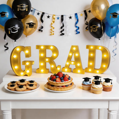 2026 Graduation Party Decorations Graduate LED Lights, 4 LED Marquee Light Up Letters“ GRAD”，Class of 2026 Graduation Ornaments Sign for Kindergarten Preschool High School College Wall Table Decor Party Supplies