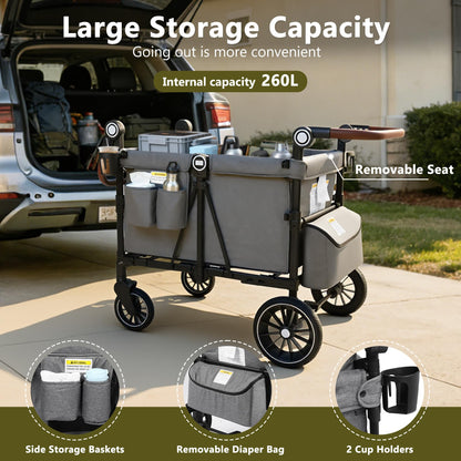 Kinder King Wagon Stroller for 4 Kids, All-Terrain Foldable Outdoor Stroller Wagon 4 Seater, Removable Canopy, Adjustable Handle, Detachable Tray, Large Storage, Grey