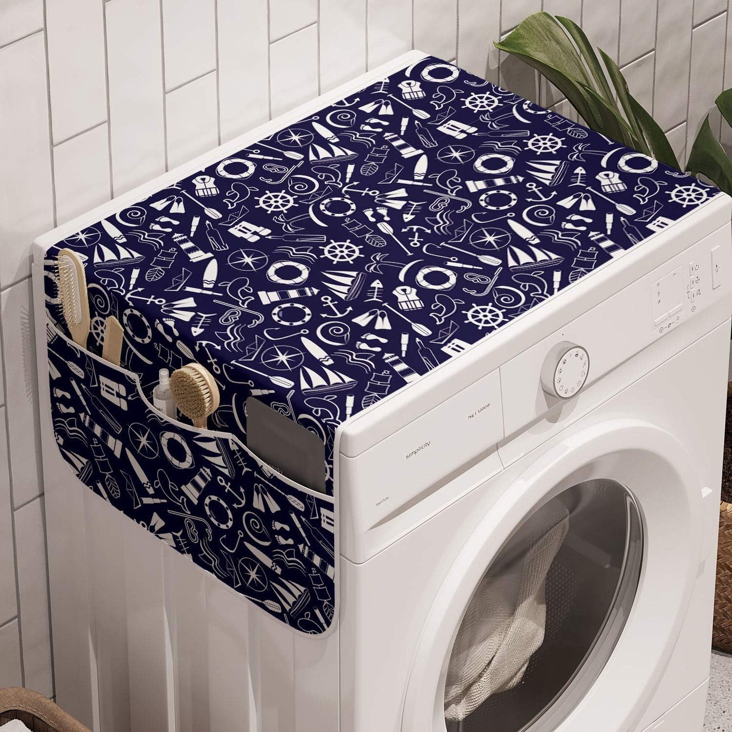 Lunarable Marine Washing Machine Organizer, Anti-slip Fabric Top Cover for Washer Dryer, 47" x 18.5", Navy Blue