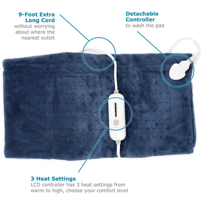 SUNAID Full Back Electric Heating Pad Fast Heating Wrap with Auto Shut Off for Back, Neck and Shoulder, Abdomen, Waist Pain Relief, Dry/Moist Option (12" x 24" (Navy))
