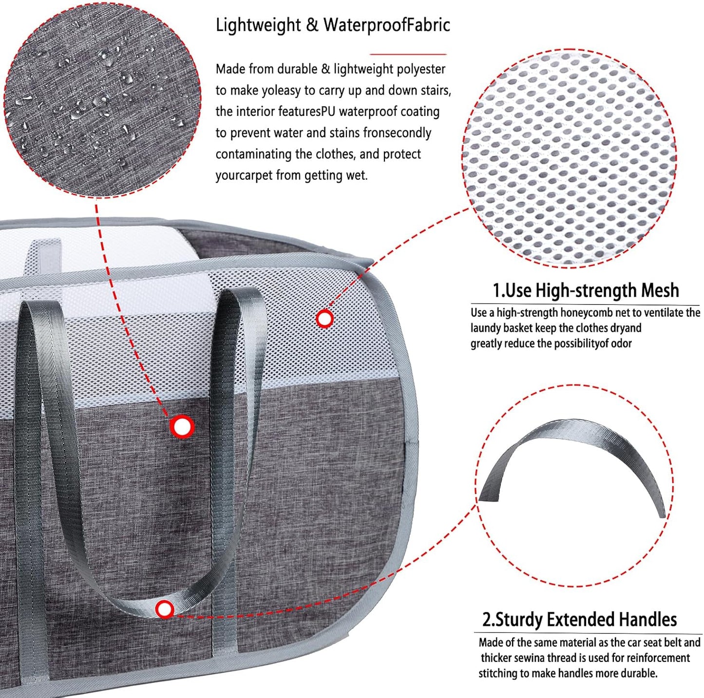 Pop-Up Laundry Basket with Durable Handles, Collapsible Mesh Laundry Hamper, Cationic Gray