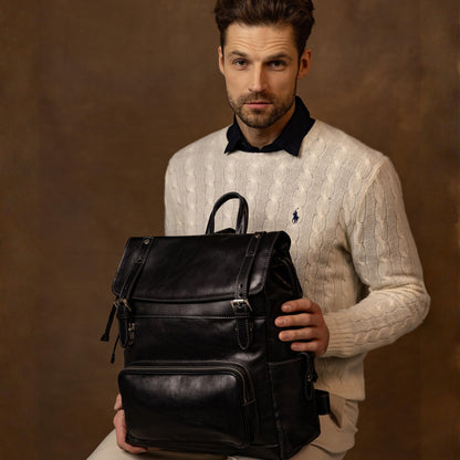Time Resistance Leather Backpack - Full Grain Real Leather Travel Bag and Carry-On Rucksack (Black)