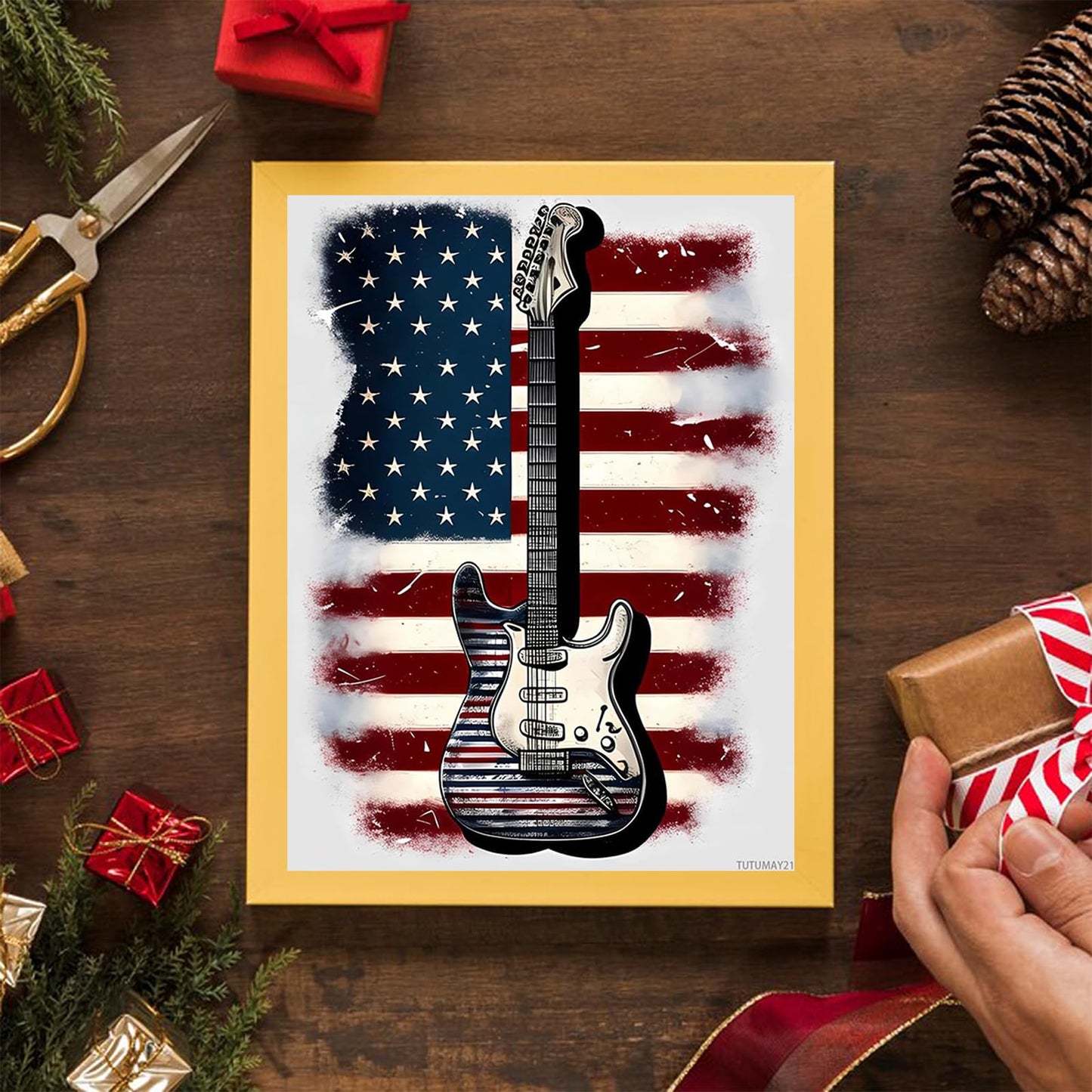 TUTUMAY21 American Flag Guitar Diamond Painting Kits for Adults, Full Round Diamond Art Kits 5D Guitar Diamond Art, Personalized Gifts for Family and Friends Room Wall Decor 12x16 inch