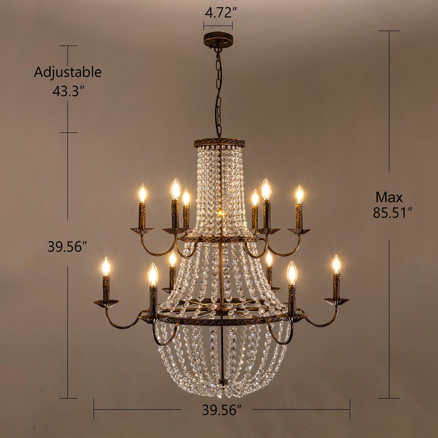 TOCHIC 40'' Long Large Crystal Chandeliers for High Ceilings, 2-Tier Modern Farmhouse Empire Staircase Chandelier 12 Lights Vintage Foyer Chandelier Luxury Crystal Light Fixture for Entryway Hallway