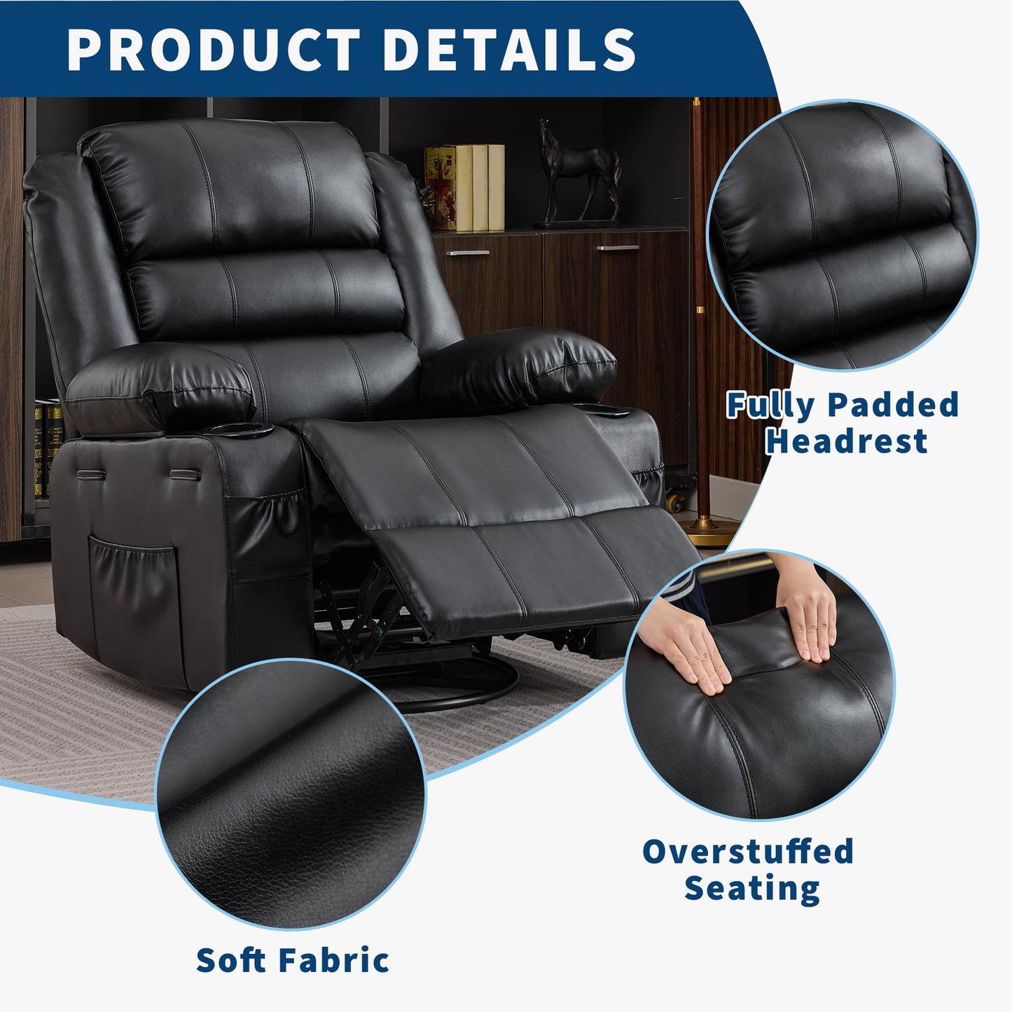 Rocking Recliner Chair for Adults PU Leather Wide Upholstered Glider Recliner with Cup Holder Deep Seat Single Sofa Rocker Chair for Nursery Living Room