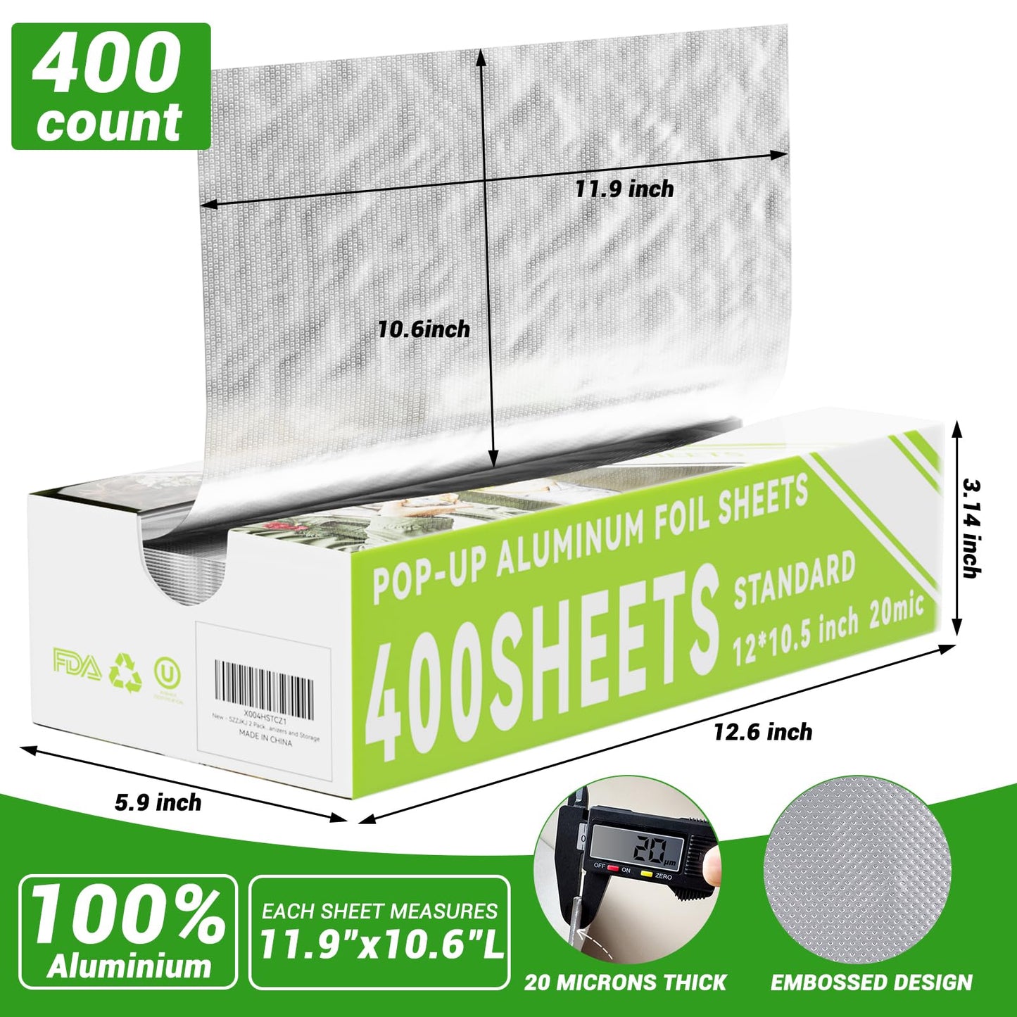 Aluminum Foil Sheets, 400 Count Tin foil,12" x 10.6" Pre-Cut Pop-Up Dispenser for Food Wrap, Hot Dog or Sandwich Wrap,Food Storage, Baking, Catering, Restaurant,Kitchen Use (Silver, 12 Inch)