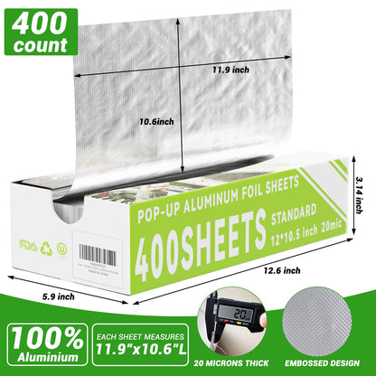 Aluminum Foil Sheets, 400 Count Tin foil,12" x 10.6" Pre-Cut Pop-Up Dispenser for Food Wrap, Hot Dog or Sandwich Wrap,Food Storage, Baking, Catering, Restaurant,Kitchen Use (Silver, 12 Inch)
