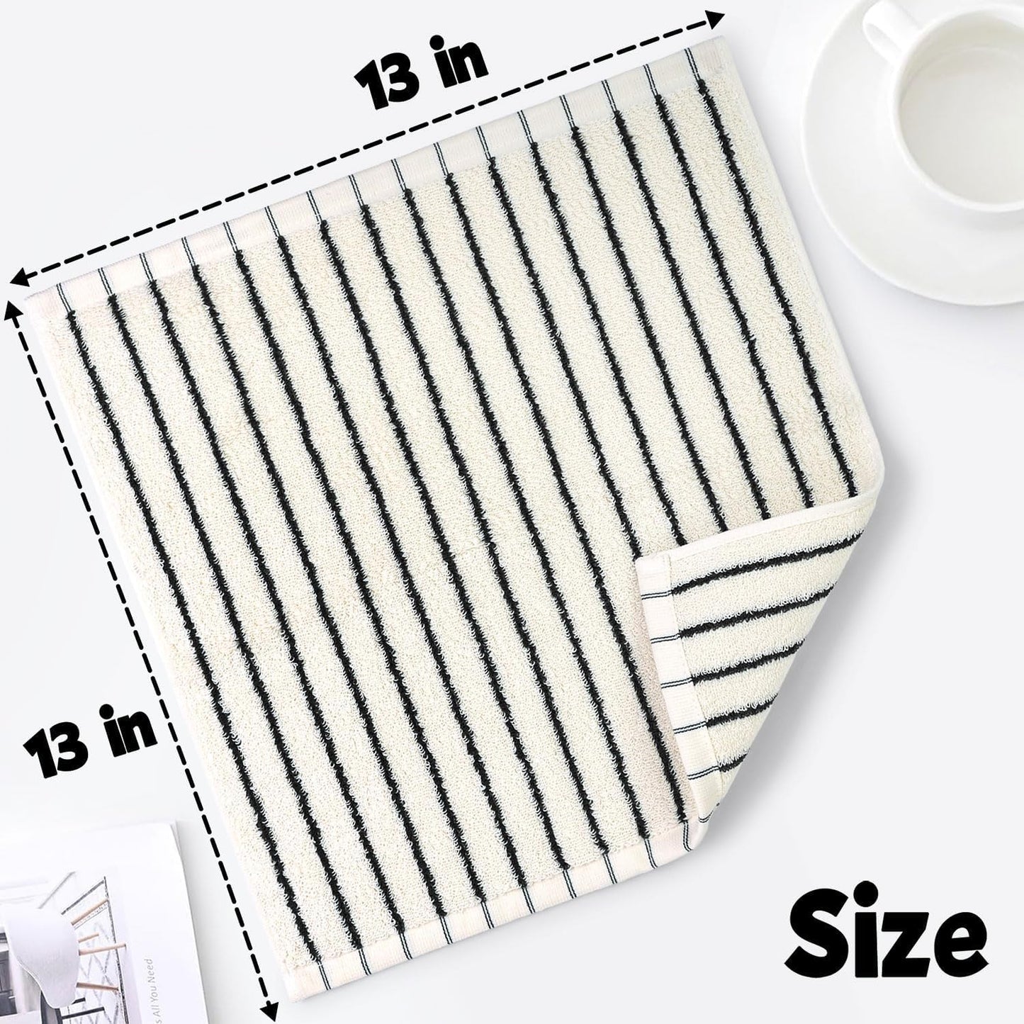 12 Pack, 13 13 Jacquotha Striped Cotton Washcloths x - Soft Wash Cloths for Bathroom, Kitchen, Gym, Face, Black