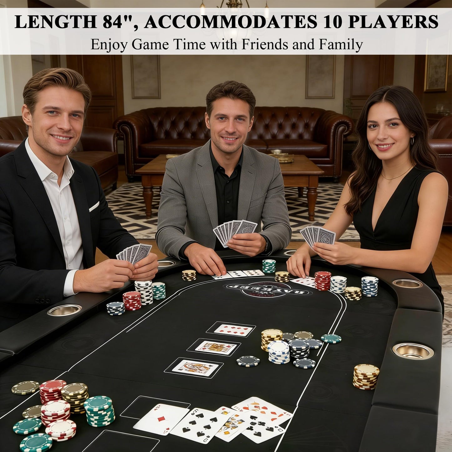 RAYKEEP 10 Player Poker Table Foldable, 84" Folding Blackjack Texas Holdem Table, Portable Casino Leisure Card Board Game Table with Cup Holders and Padded Rails for Game Room (Black)