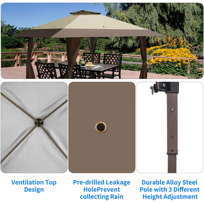 SlowSnail 13x13 Pop Up Canopy Tent, Upgraded Durable Outdoor Instant Sun Shade Canopy, Brown - Bonus 8 Stakes, 4 Guylines, 1 Roller Bag