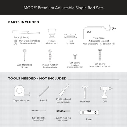 MODE Premium Collection 1 1/8" Diameter Curtain Rod Set with Brilliant Urn Curtain Rod Finials and Steel Wall Mounted Adjustable Curtain Rod, Fits 144” to 240” Windows, Warm Gold