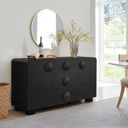Modway Sonnet Retro Curved Sideboard in Black – 57 Inch Modern Buffet Cabinet with Circle Knobs – Credenza Cabinet with 3 Drawers – TV Stand Media Cabinet for Living Room, Home Office, Lounge Area