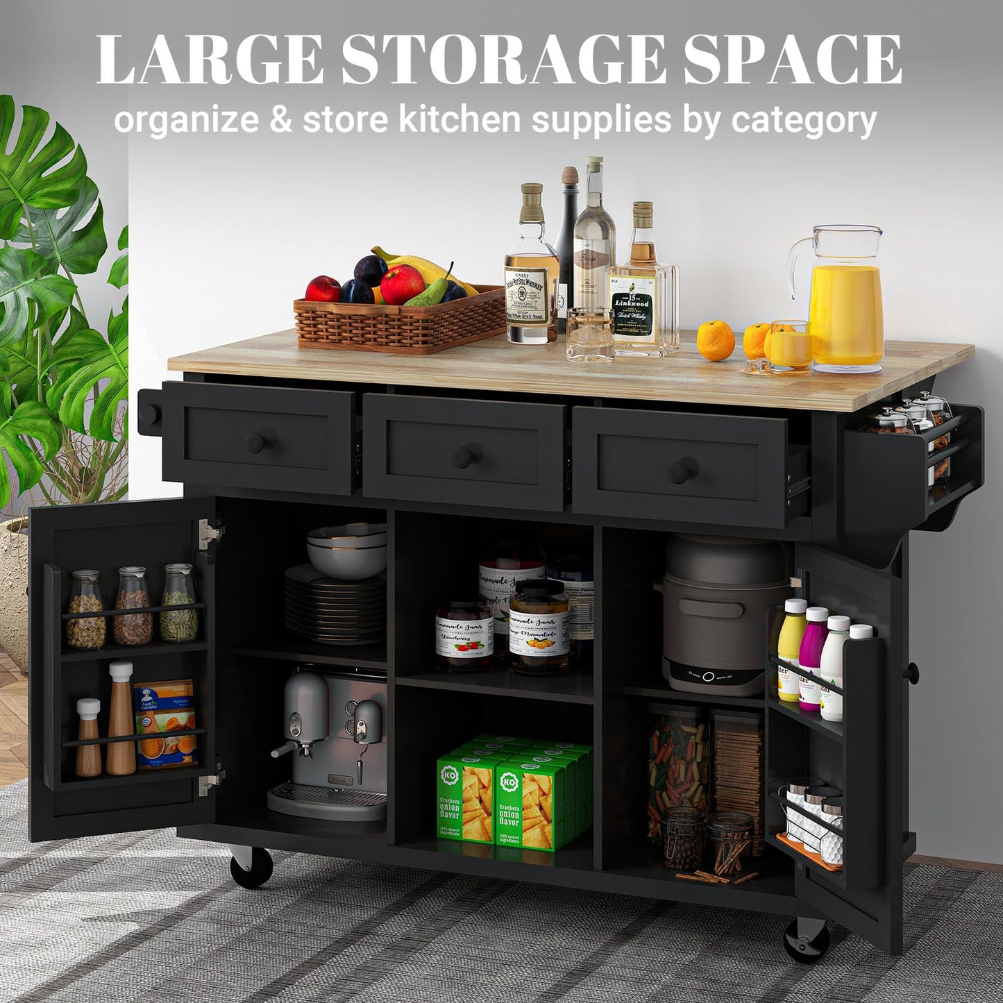 Rovibek Kitchen Island with Drawers 53 in Rolling Island Cart Mobile Portable Islands on Wheels Solid Wood Island with Storage Cabinet & Drawers, Jet Black