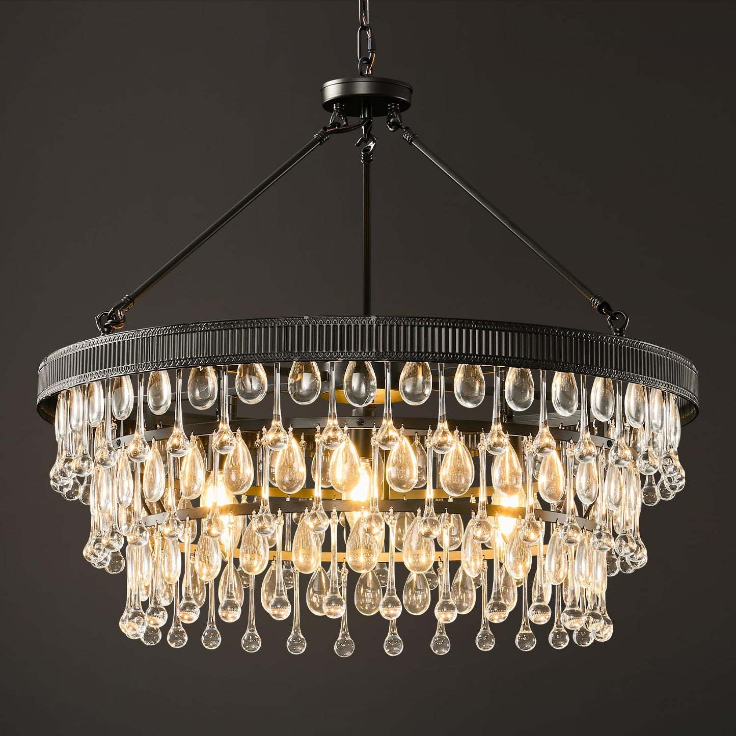 Black Modern Raindrop Crystal Chandelier: 28" Round K9 Crystals Contemporary Chandeliers for Dining Room Lights over Table - Adjustable Large Light Chandelier for Bedroom Living Kitchen Entryway Foyer