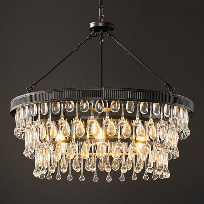 Black Modern Raindrop Crystal Chandelier: 28" Round K9 Crystals Contemporary Chandeliers for Dining Room Lights over Table - Adjustable Large Light Chandelier for Bedroom Living Kitchen Entryway Foyer