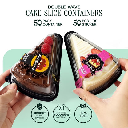 DoubleWave 50-Pack Clear Cake Slice Containers | BPA-Free, Stackable Dessert Holders for Parties, Weddings, and Special Events – Shatter-Resistant Plastic | Keeps Cake Fresh at Parties