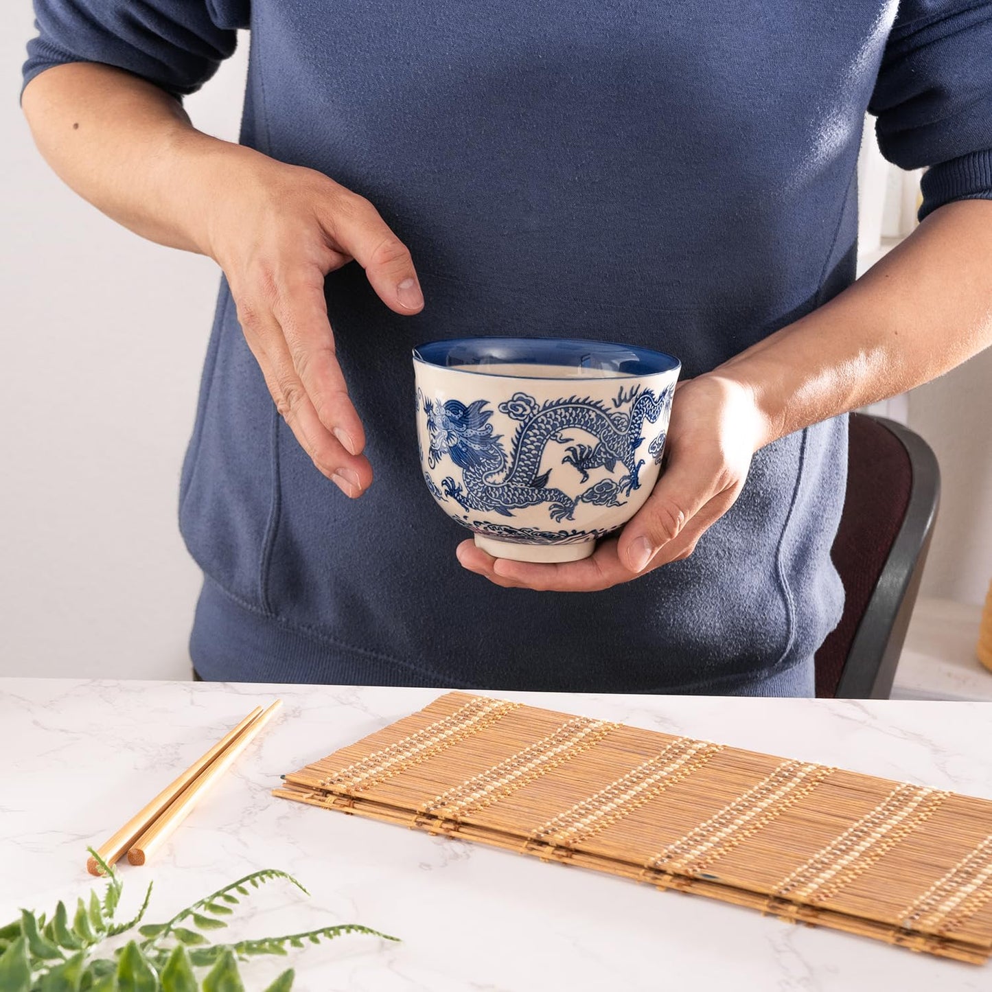 Urban Tokyo Handpainted Ceramic Glazed Japanese Ramen Udon Noodle Rice Bowl With Chopsticks 20 fl oz 5 inch Diameter Bowl Sets Color Box Packaging (Oriental Dragon Blue)
