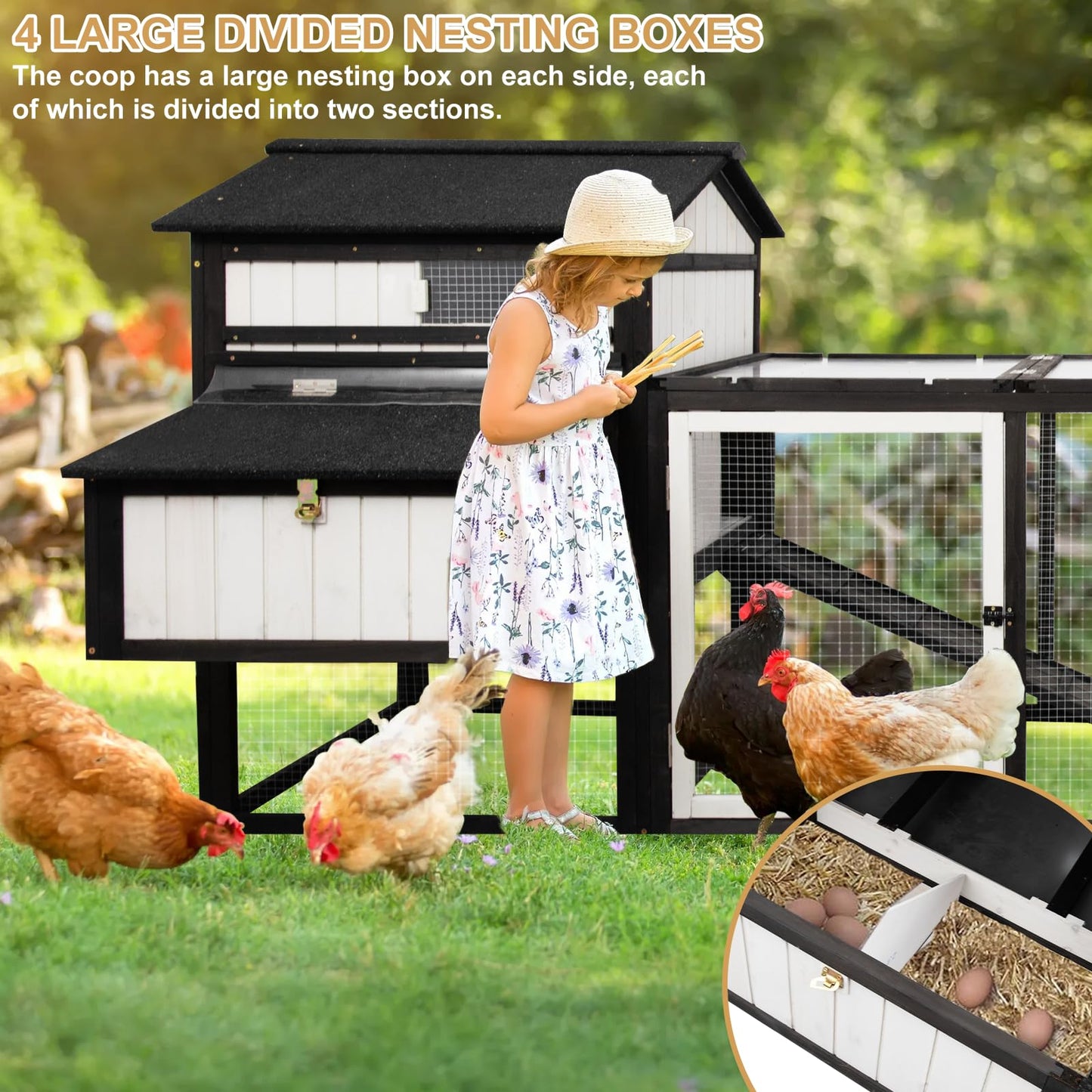 PetsCosset 116" L Large Chicken Coop and Run, Hen House with 4 Nesting Box Boxes, Rabbit Hutch Poultry Bunny Cage for 4-6 Chickens with 4 Perches, Removable Tray and Ramp and UV-Resistant Roof Panel