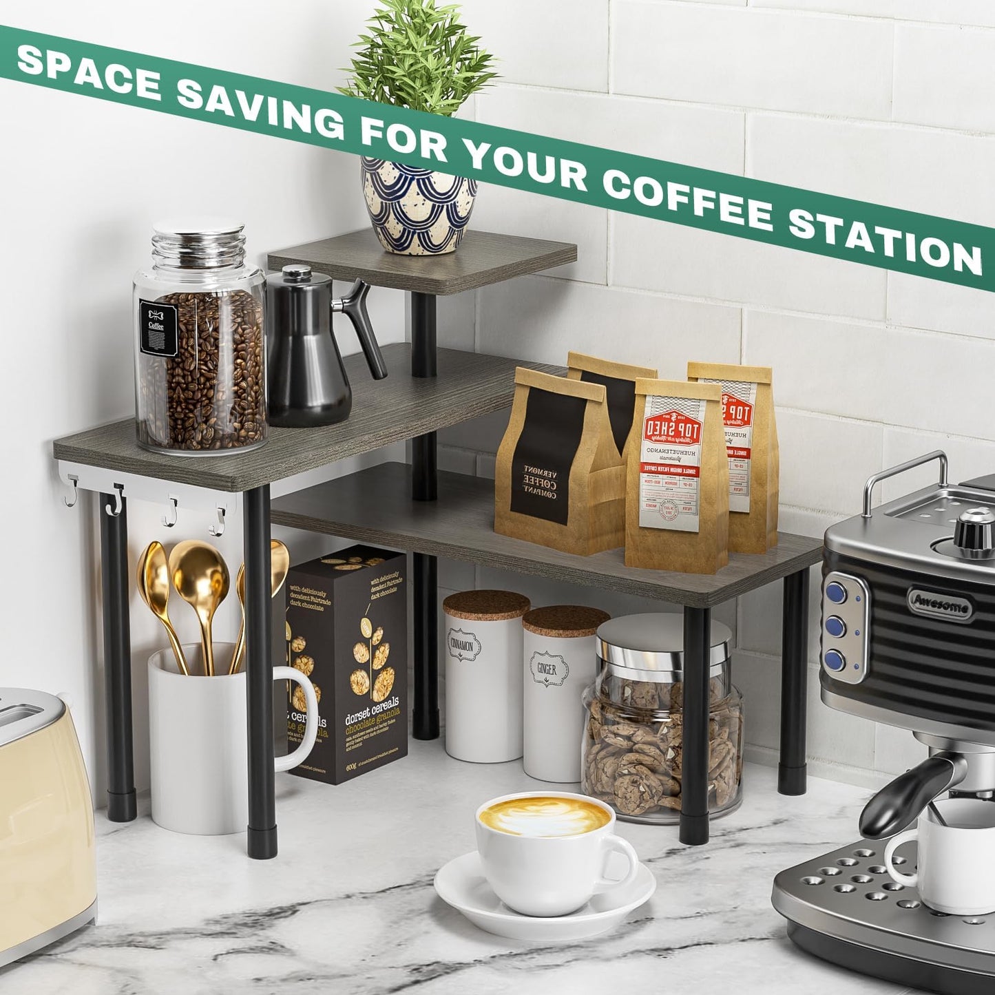 ZHWS Kitchen Countertop Organizer Spice Rack for Salt, Bathroom Counter Organizer Over Sink for Makeup, Skincare, Adjustable 3-Tier Corner Counter Shelf with 4 Hooks for Coffee Bar Dresser Table