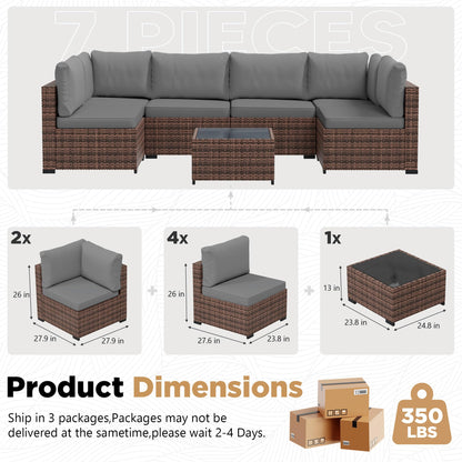 LHBcraft 7 Pieces Outdoor Wicker Rattan Patio Furniture with Rain Cover, Wicker Rattan Outdoor Sectional Sofa Set with Coffee Table & Gery Cushions for Garden, Poolside