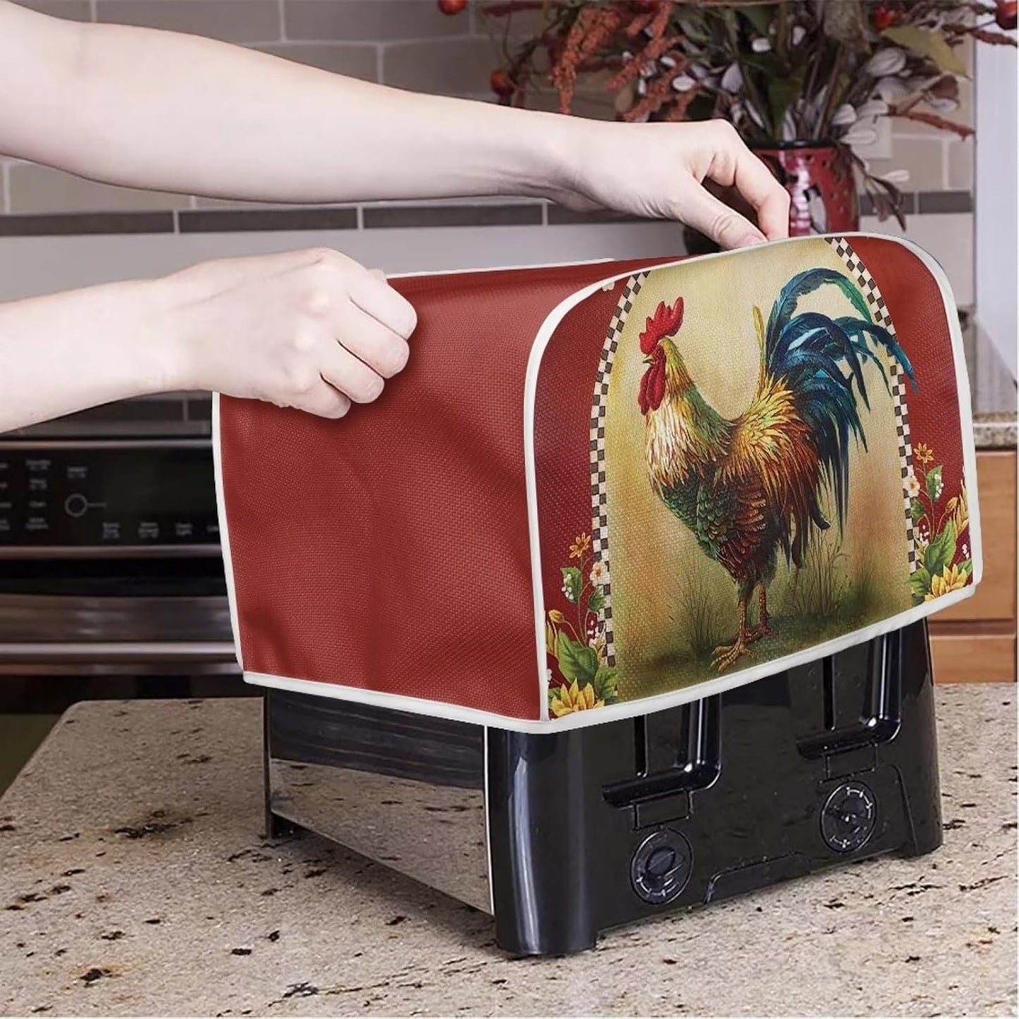 Sunflower Rooster Toaster Cover, 2 Slice, Dust-proof Kitchen Small Appliance Cover, Home Decoration