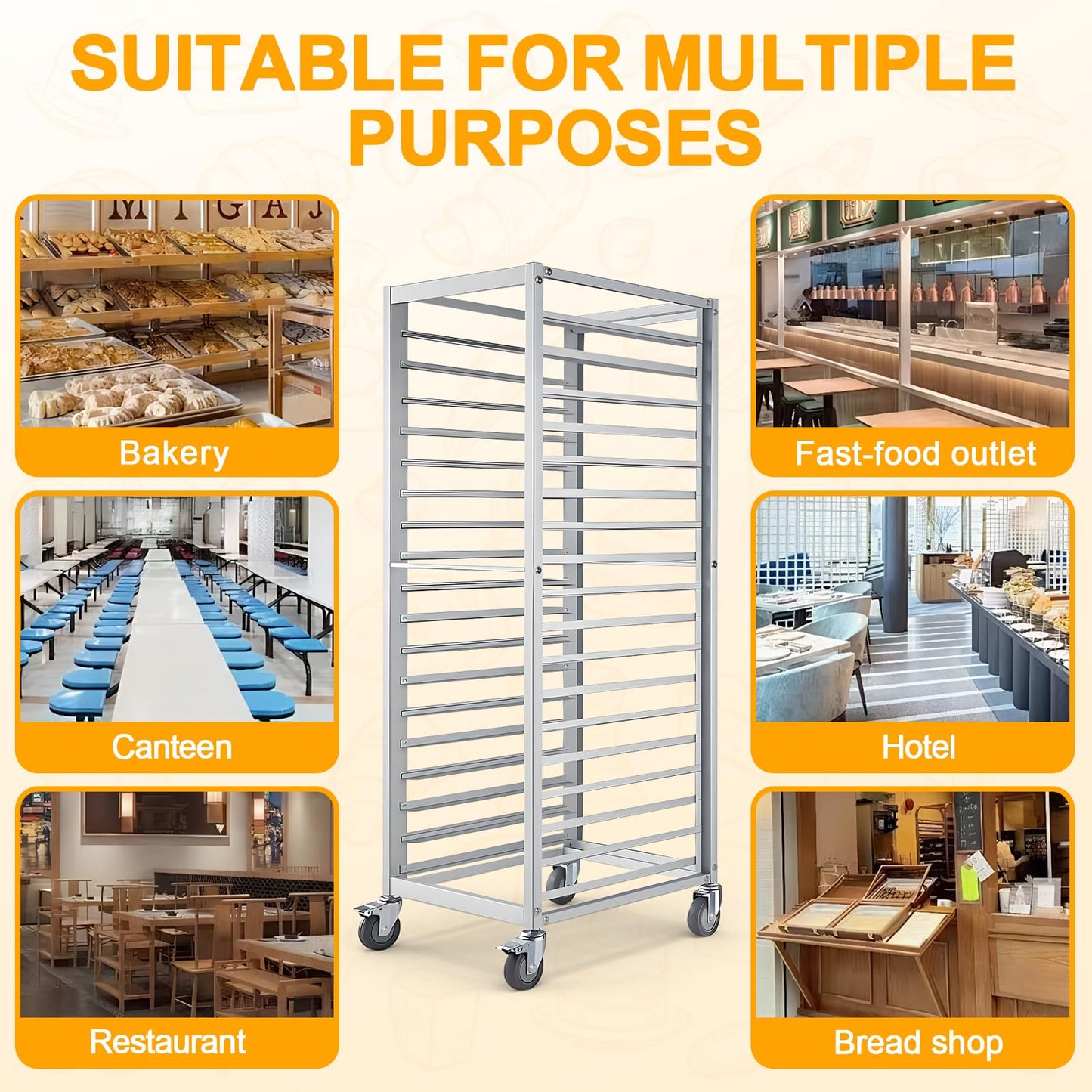 18 Tier Aluminum Home Commercial Kitchen Bakery Cooling Rack with 4 Wheels Commercial Bun Pan Bakery Rack for Restaurant Cafeteria Pizzeria