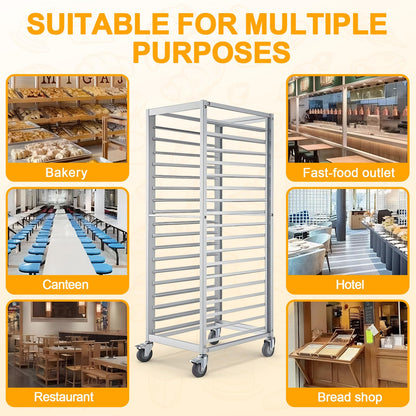 18 Tier Aluminum Home Commercial Kitchen Bakery Cooling Rack with 4 Wheels Commercial Bun Pan Bakery Rack for Restaurant Cafeteria Pizzeria
