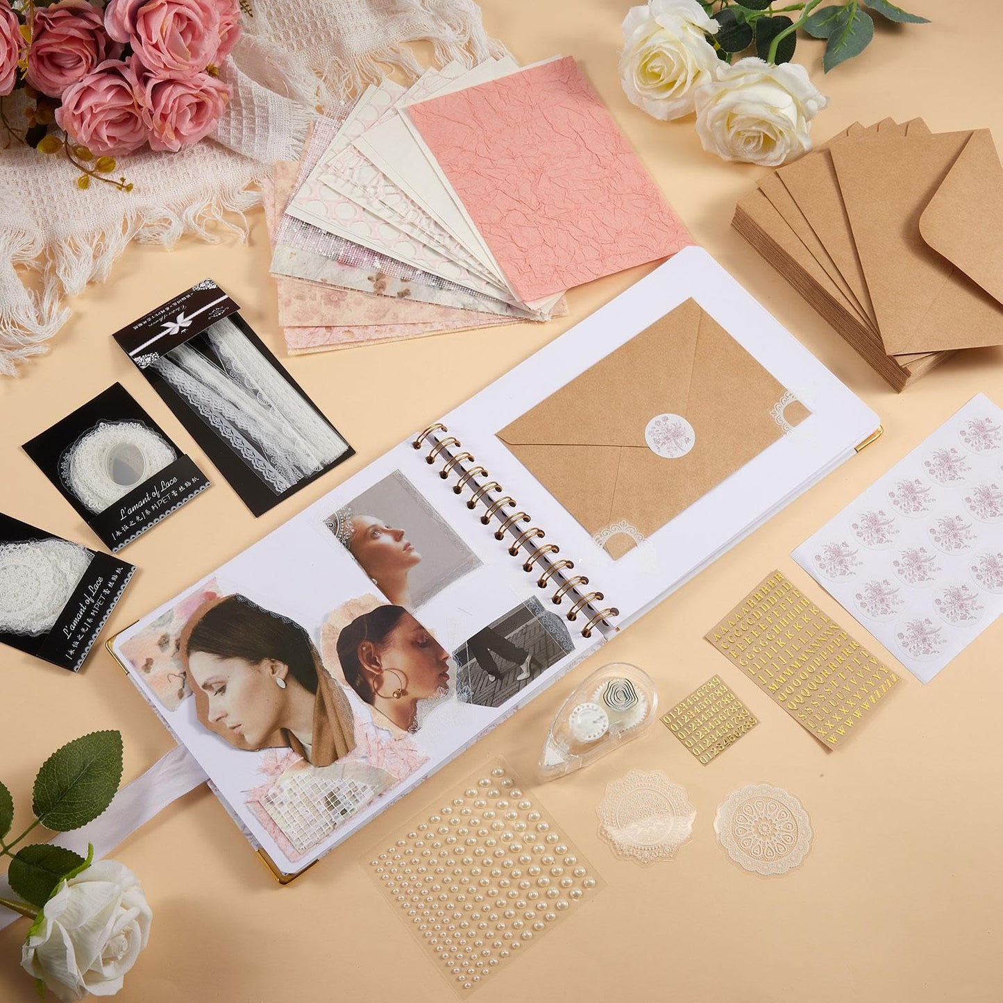 Humyoun Wedding Guest Book Letters to The Bride Scrapbook Wedding Memory Book Bridal DIY Blank Paper Scrapbook Photo Album Guest Sign with Pearl Stickers(8.5 x 7 Inch,Floral,Pink)
