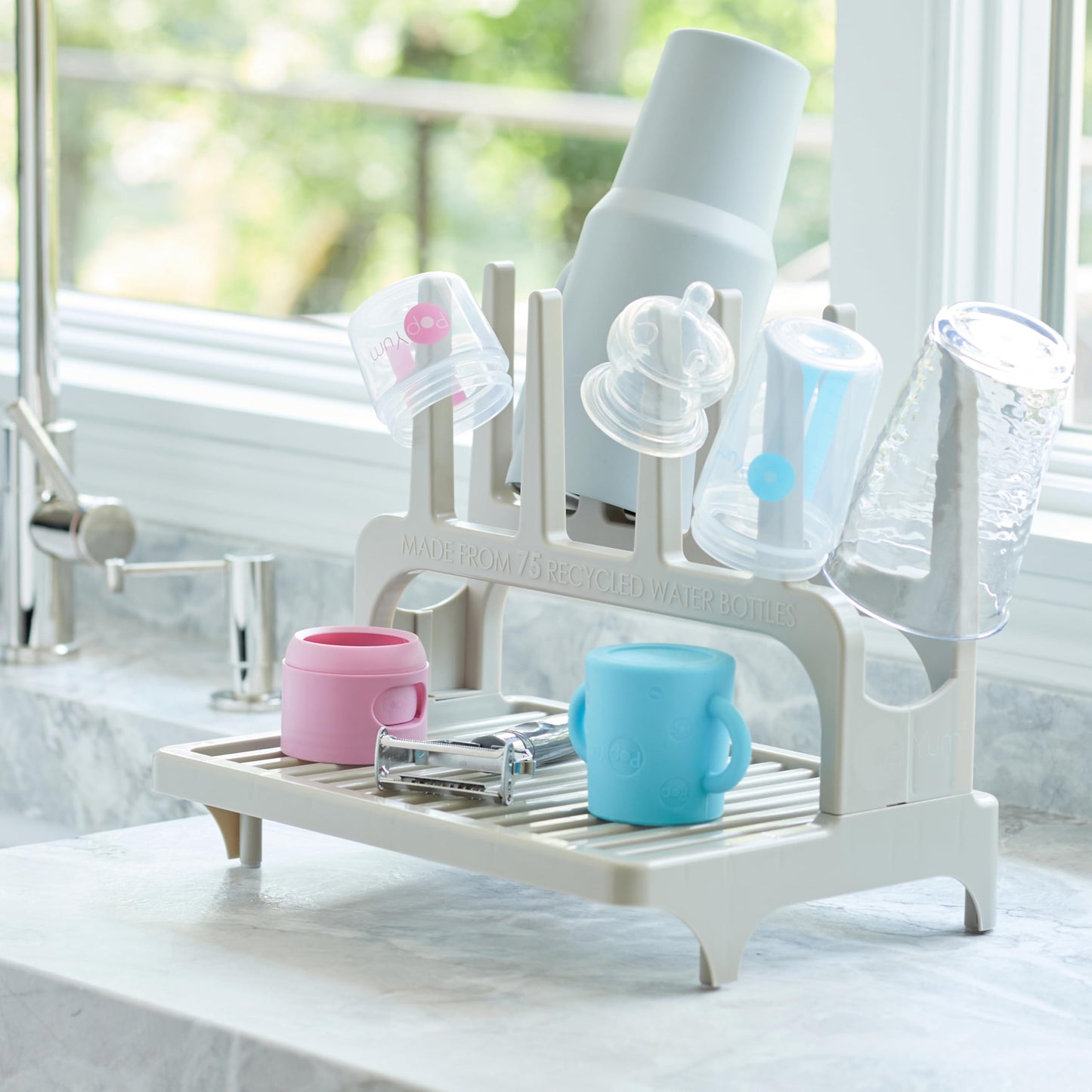 PopYum Seattle Gray Space Saving Drying Rack from 100% Recycled Bottles, countertop for Baby Bottle, Plastic Bags, Cups, Glass, tumblers, Compact