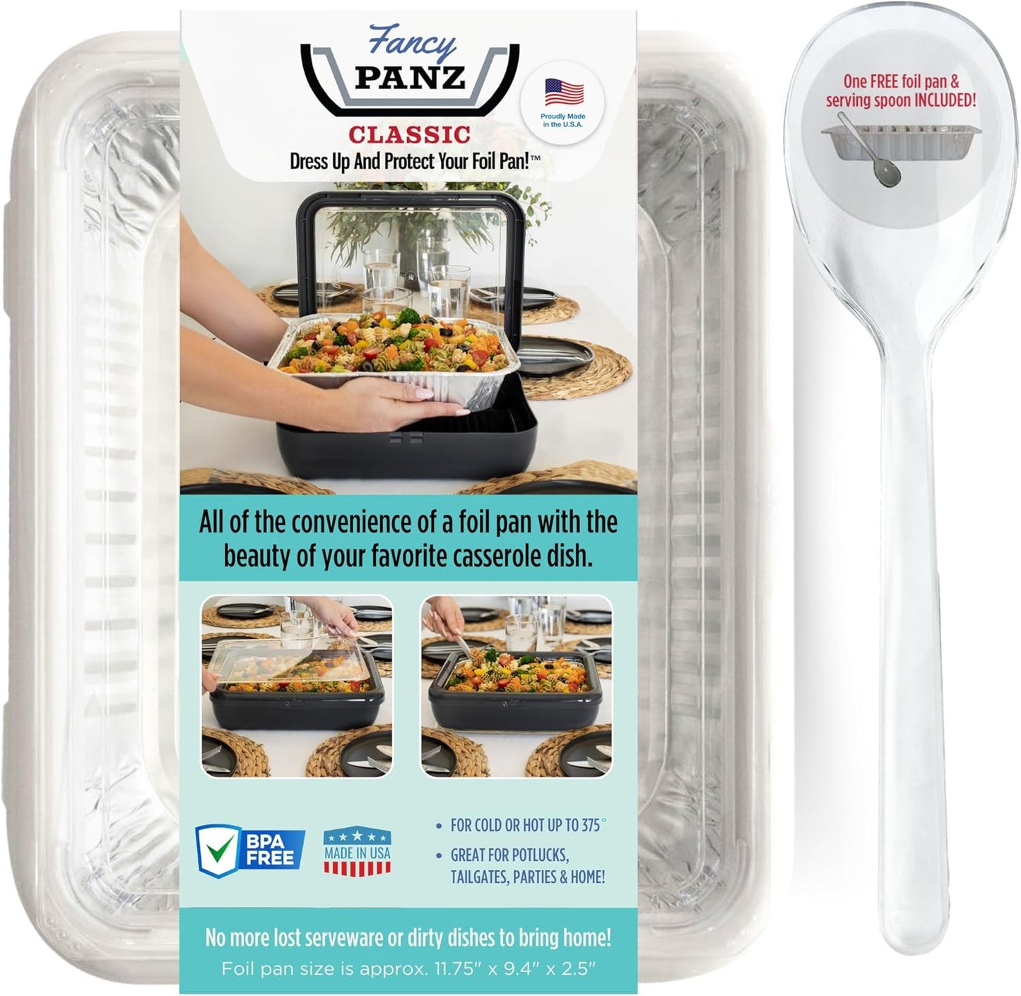 Fancy Panz Classic Serving Tray for Food, USA Made Foil Pan Carrier with Clear Lid, Travel Casserole Carrier