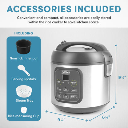 AROMA Professional Digital Rice Cooker, Multicooker, 4-Cup (Uncooked) / 8-Cup (Cooked), Steamer, Slow Cooker, Grain Cooker, 2Qt, Stainless Steel Exterior, ARC-994SG