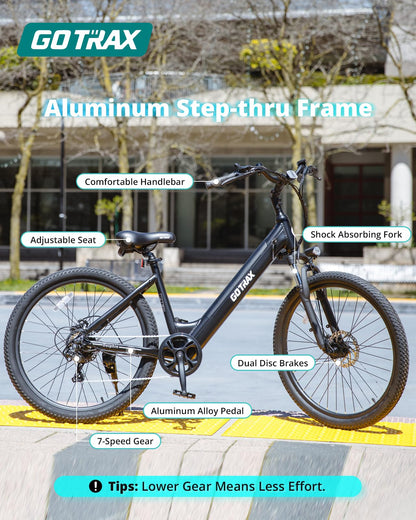 Gotrax Dolphin 26" Electric Bike, Max Range 30Miles(Pedal-assist1) & 20Mph Power by Peak 500W, 5 Pedal-Assist Levels & Front Suspension, 7-Speed&Boost Mode, City E-Bike for Adult White
