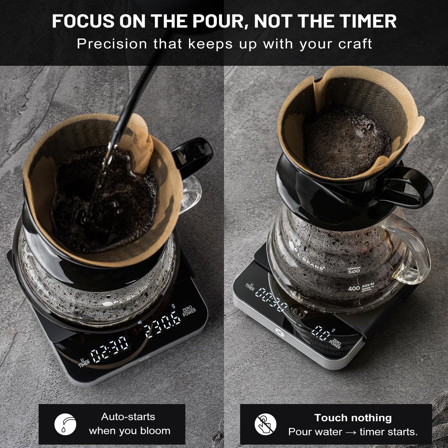 KitchenTour CaféMetric Coffee Scale with Timer 0.1g/2000g - Precision Small Scale for Espresso & Pour Over - Mini Scale with LED Display Recharge Black