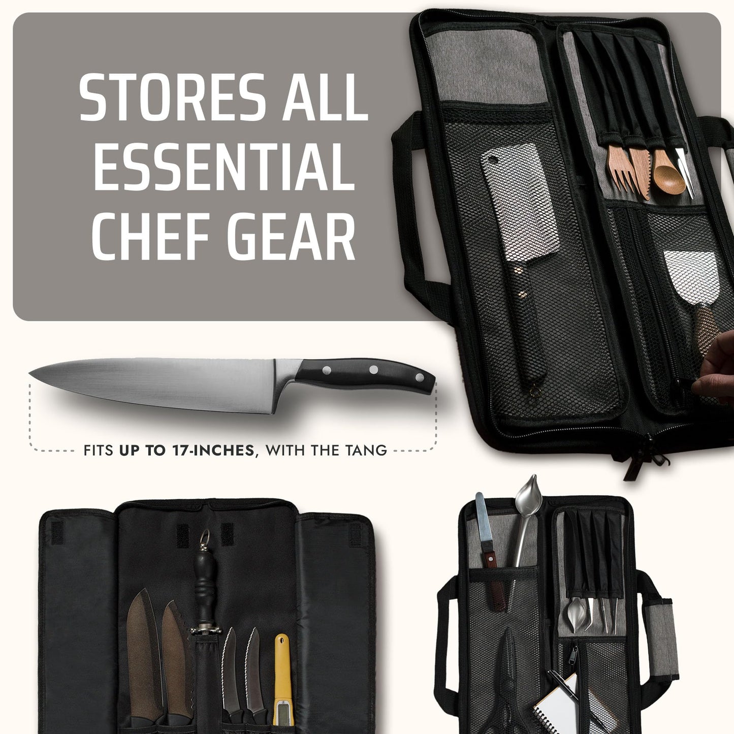 Asaya Chef Knife Roll Bag - 12-Pocket Chefs Case for Kitchen Knives and Utensils, Lightweight Stain-Resistant Waxed Nylon Chef Knife Bag - Knives Not Included (Grey)