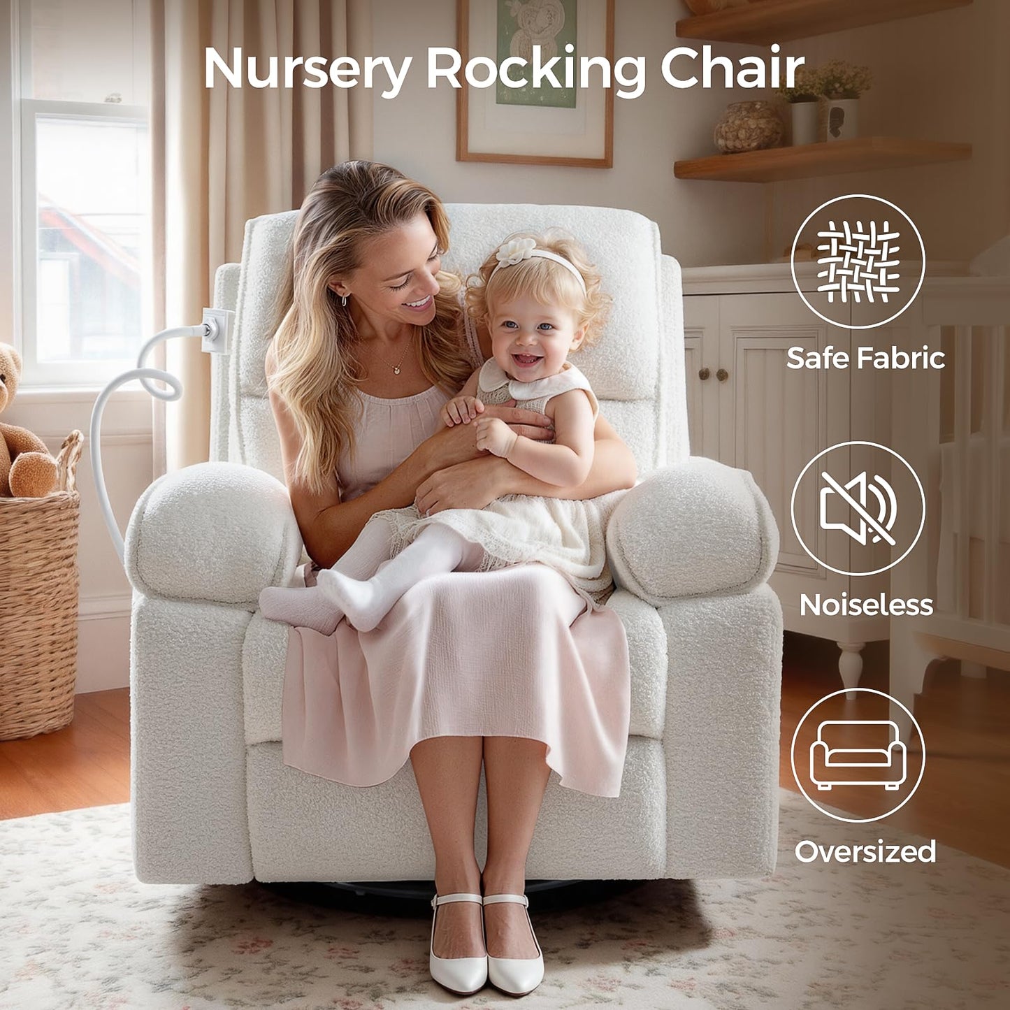 YuuYee Teddy Fleece 360° Swivel Rocker Recliner Nursery Rocking Chairs with Phone Holder Manual Gilder Recliner Chair with Wide Foot Rest for Living Room and Baby Room