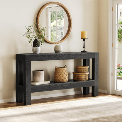 LITTLE TREE 63-Inch Black Console Table for Entryway, Narrow Long Wooden Entry Table for Living Room, Hallway, Sofa, Entrance, Foyer, Behind Couch with 2-Tier Storage Shelves