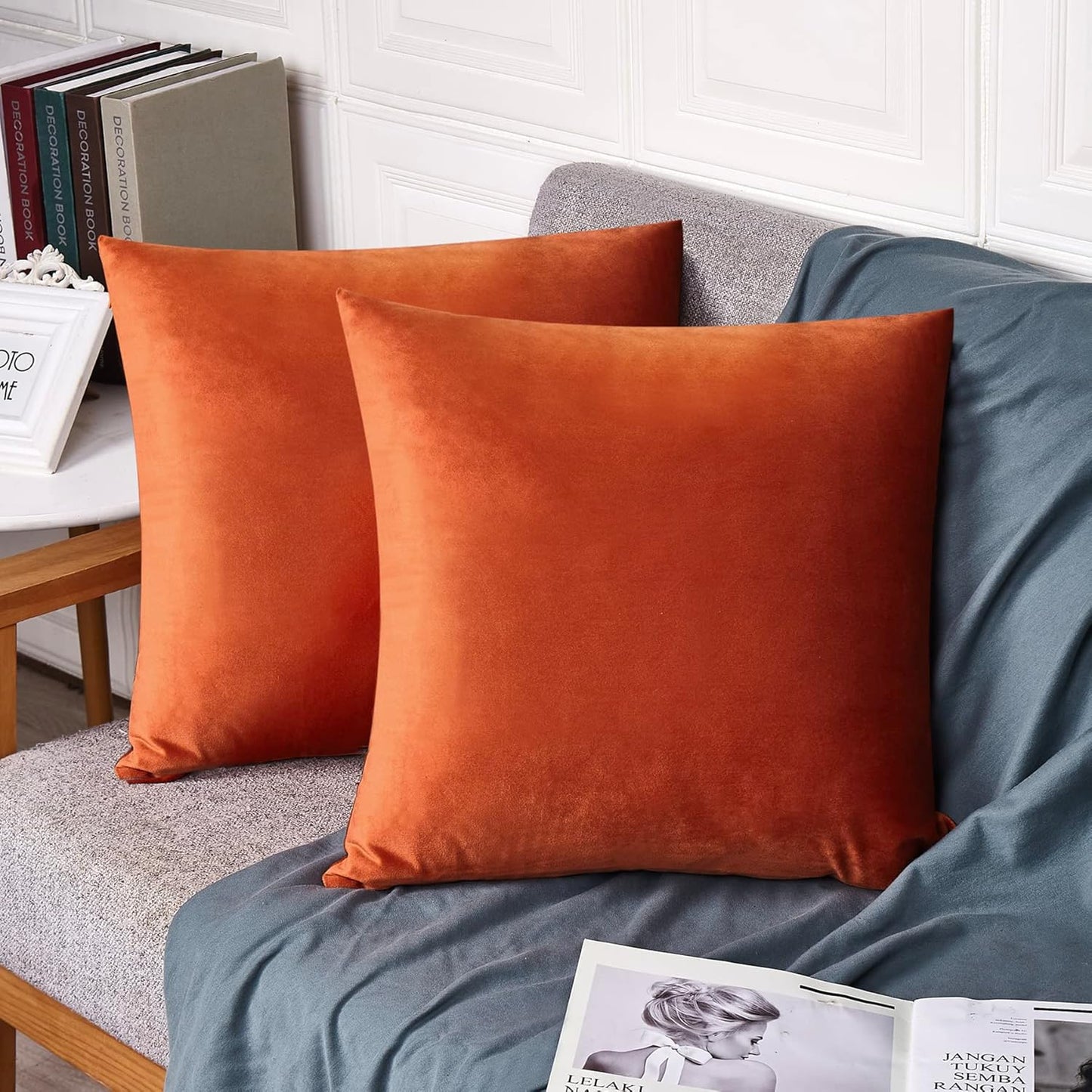FEVERQIYI Burnt Orange Velvet Pillow Covers Set of 2, Decorative Square Throw Pillowcase 18x18 inch