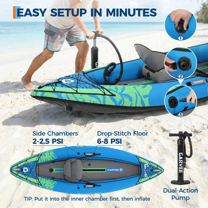 GarveeLife Inflatable Kayak for Adults - 400 LBS Capacity 1-2 Person Blow Up Boat with Paddle, Seat, Pedal, Hand Pump & Storage Bag, Blue/Sky Blue