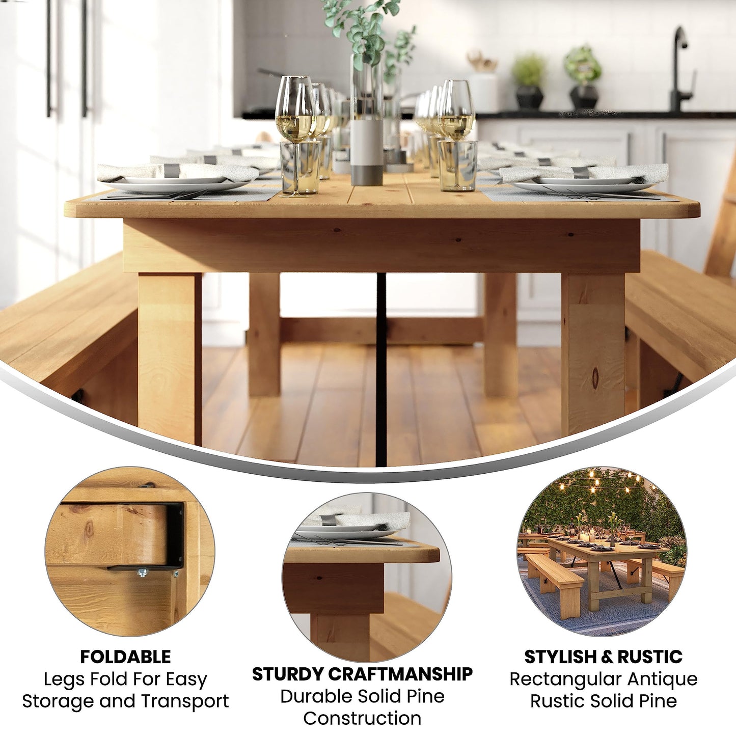Flash Furniture Hercules Commercial Grade Farmhouse Dining Table | Solid Pine Foldable Table for 10 in Antique Rustic Light Natural | Rustic Charm for Home and Events
