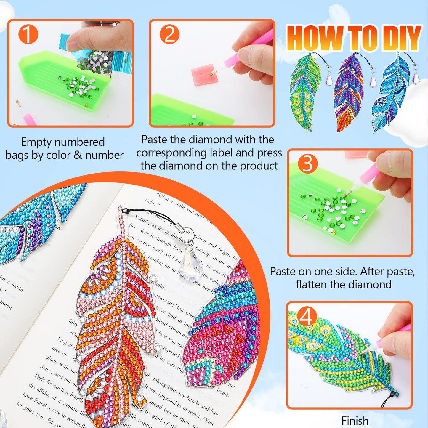 Tinlade 8 Pcs Feather Diamond Painting Bookmarks Kits DIY Diamond Art Bookmarks Handmade Craft Home Office Supplies for Book Lovers Adults Women