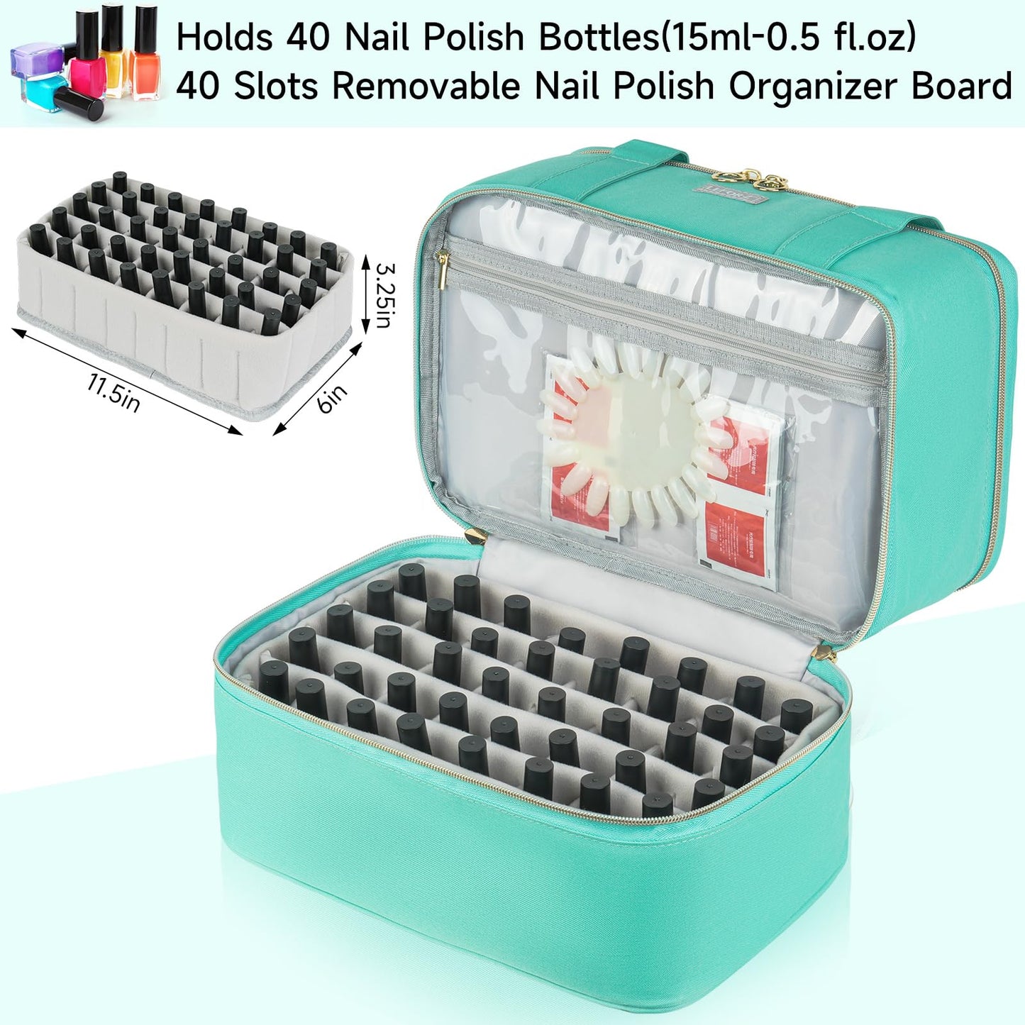 LEFOR·Z Nail Polish Organizer,Double-Layer Nail Organizers and Storage,Nail Polish Carrying Case for 40 Bottles (15ml-0.5 fl.oz) and Nail Lamp,Portable Nail Polish Holder for Nail Supplies,Mint Green