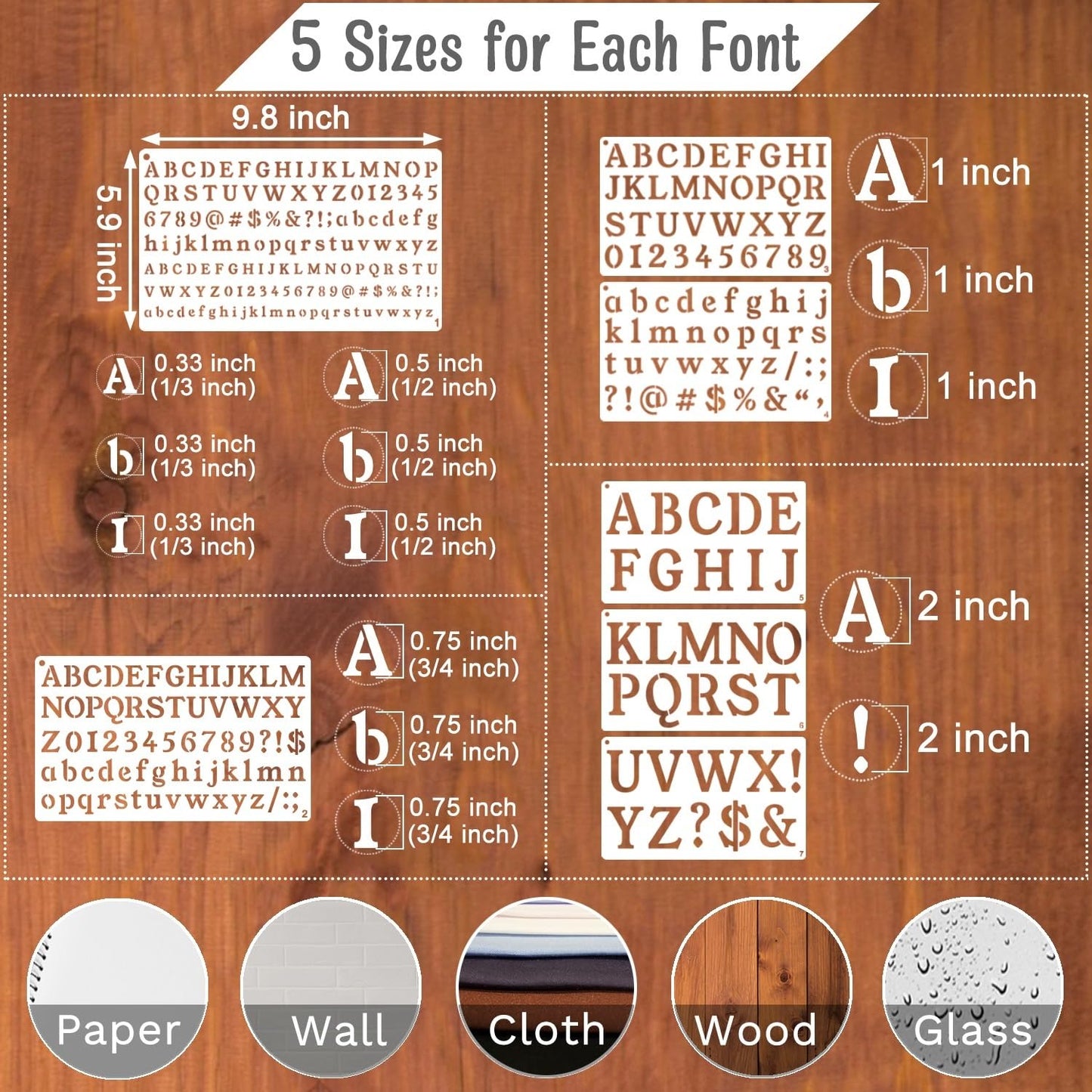 1/3, 1/2, 3/4, 1, 2 Inch Letter Stencils for Painting, 28 Pack Reusable Plastic Alphabet and Number Stencils for Crafts Art Projects