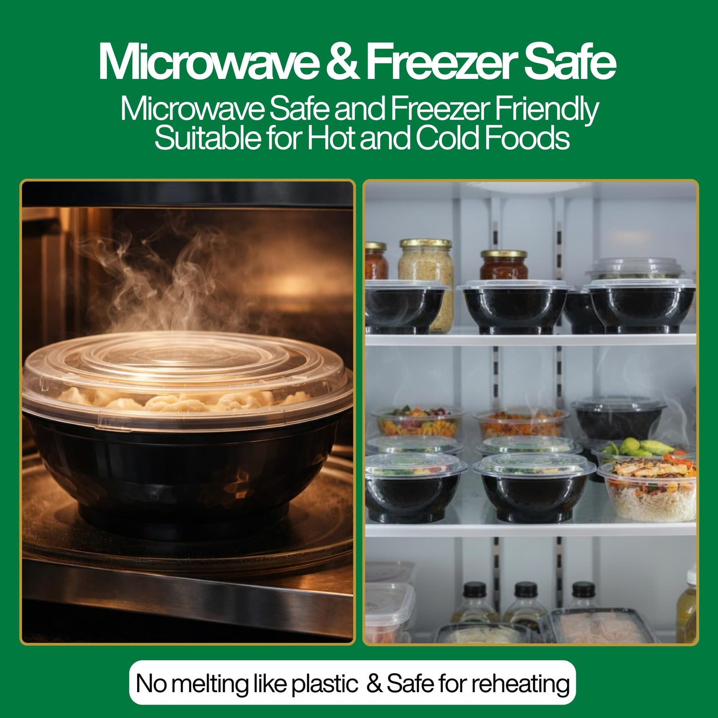 ProTakeOut, 36 oz, 20 Sets, Black Microwaveable Noodle Bowls with Lids Durable, Reusable & Leak-Resistant Food Containers | Microwave & Freezer Safe