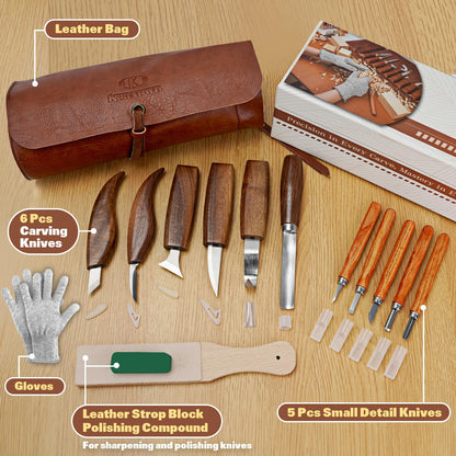 Wood Carving Tools, 15Pcs Wood Carving Kit with PU Storage Bag, Wood Whittling Kit with 6Pcs Whittling Knives & 5 Detail Carving Knives for Adults Wood Carving DIY