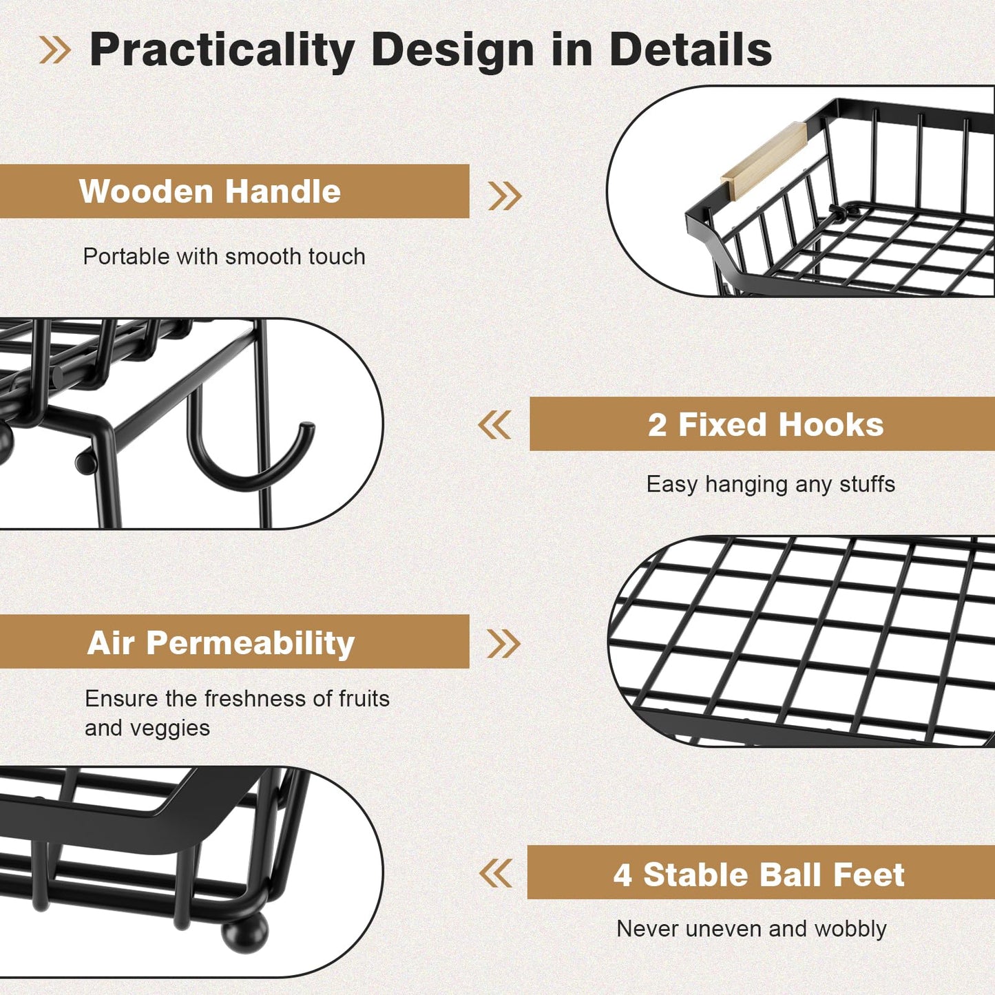 3 Tier Fruit Basket for Kitchen Counter with 2 Banana Hangers, Countertop Metal Fruit Bowl with Wooden Handle, Large Capacity Metal Wire Fruits Stand Organizer for Fruits Vegetables Breads Coffee Can
