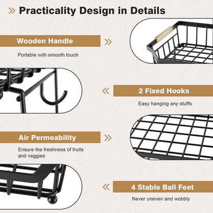3 Tier Fruit Basket for Kitchen Counter with 2 Banana Hangers, Countertop Metal Fruit Bowl with Wooden Handle, Large Capacity Metal Wire Fruits Stand Organizer for Fruits Vegetables Breads Coffee Can